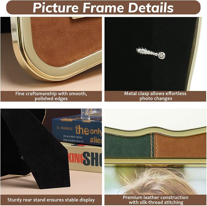 5x7 Metal Leather Picture Frame,Pretty Photo Frame with Gold Edge, Clear Glass Front, Unique Gifts for 3 Years of Marriage Couple Anniversary Graduation Horizontal&Vertical