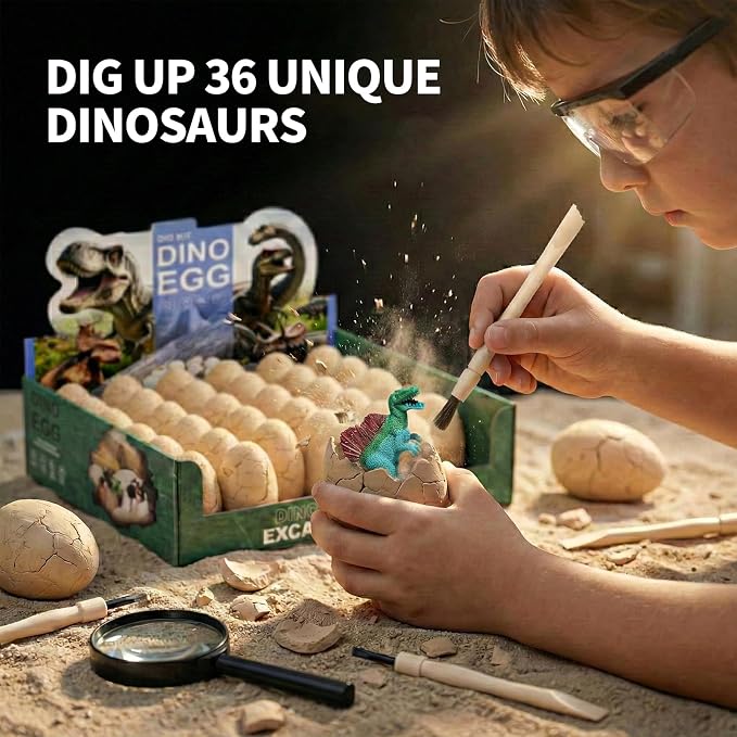 Uregoio 36-Pack Dinosaur Eggs Dig Kit, Surprise Dinosaur Eggs Excavation Kit with Magnifier, Science STEM Toys for Kids, Easter Basket Stuffers Birthday Party Favors & Gifts for Boys Girls Ages 3-12