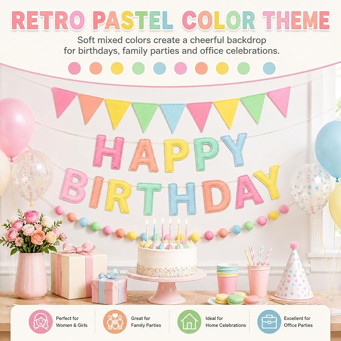 GOOGO Felt Happy Birthday Banner Set, Pastel Pre-Strung Party Decorations with Letter Banner, Felt Ball Garland and Pennant Flags for Girls and Women Birthday Decor