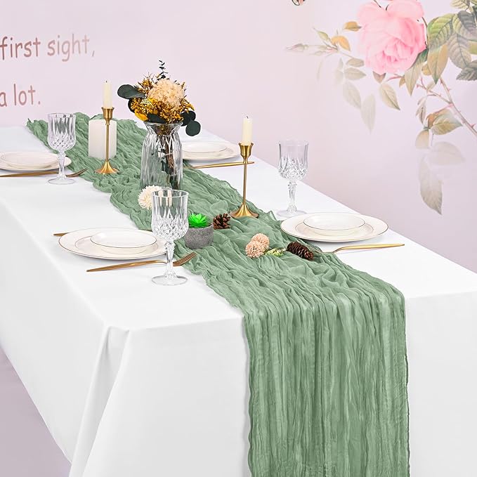 16 Pack Sage Green Cheesecloth Table Runner 120 Inch 10FT Spring Boho Rustic Sheer Gauze Cheese Cloth Table Runner for Wedding Baby Shower Birthday Party Table Decor