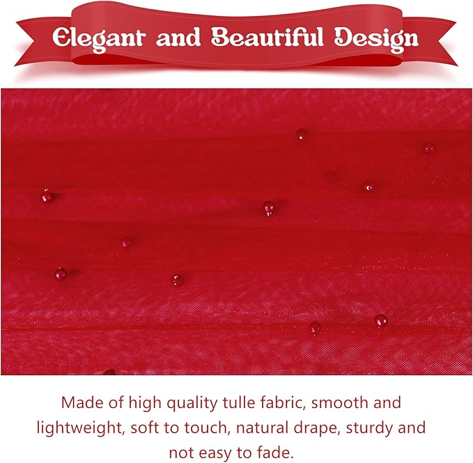 Fivenl 12 Pack 10FT Pearl Table Runner 30x120 Inch Red Tulle Fabric Boho Rustic Sheer Table Runners Lace Table Cloth for Wedding Bridal Shower Birthday Party Arch Veil Dessert Table Decor (Red)