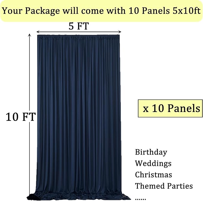 50ftx10ft Wrinkle Free Navy Blue Backdrop Curtains for Parties, 10 Panels 5x10ft Silky Polyester Blue Photo Backdrop Drapes for Weddings Birthday Party Graduation Photography Background Curtains