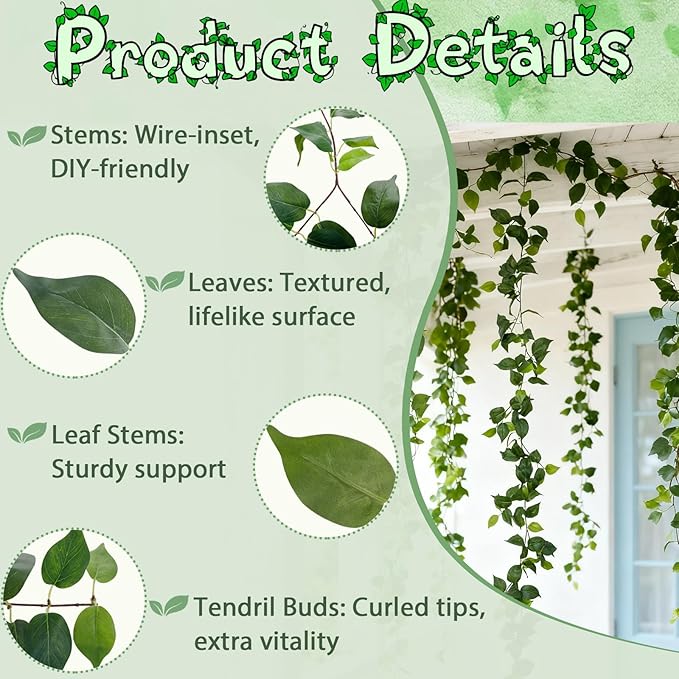 ucky 2Pack Artificial Ivy Artificial Vines Artificial Plants 12FT Fake Hanging Plants Silk for Garden Terrace Beach Party Decoration Wedding Decoration