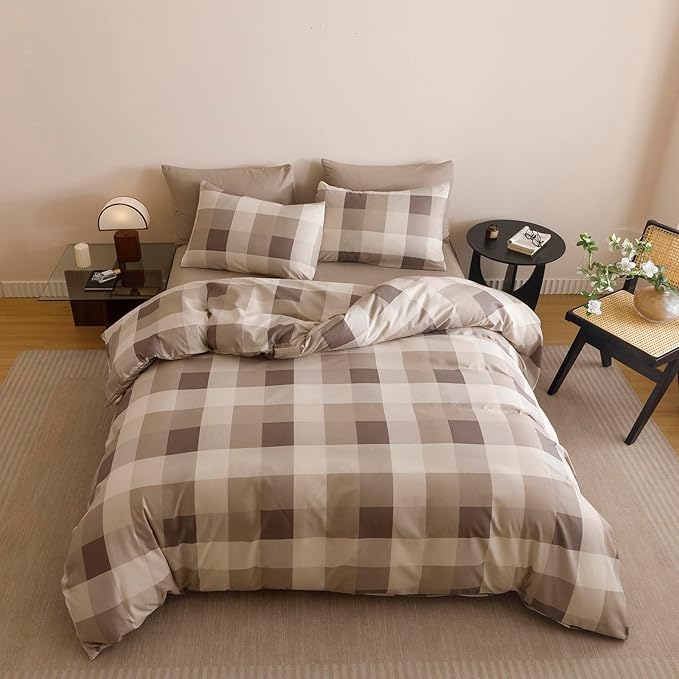 KAREVER Gingham Checkered Comforter King Khaki Plaid Bedding Set Boys Girls Colorful Grid Cottagecore Blanket King