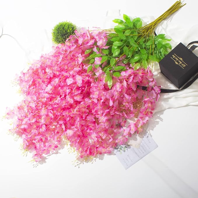 AITISOR 12 Pack Artificial Flowers Silk Wisteria Vine Ratta Hanging Flower (Deep Pink)