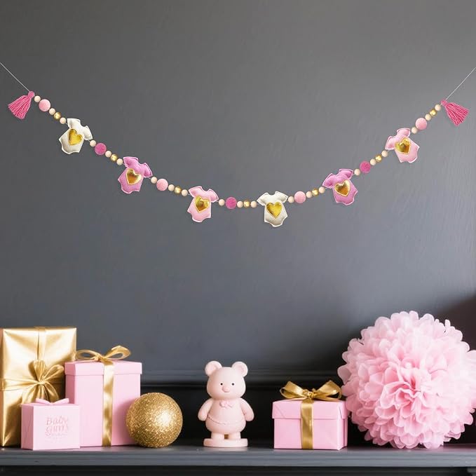 Gold and Pink Baby Clothes Decorations Handmade Pre-Strung Felt Baby Clothes Wooden Bead Wool Felt Ball Garland Banner for It's a Girl Sweet Girl Baby Shower Party Nursery Fireplace Home Wall Decor