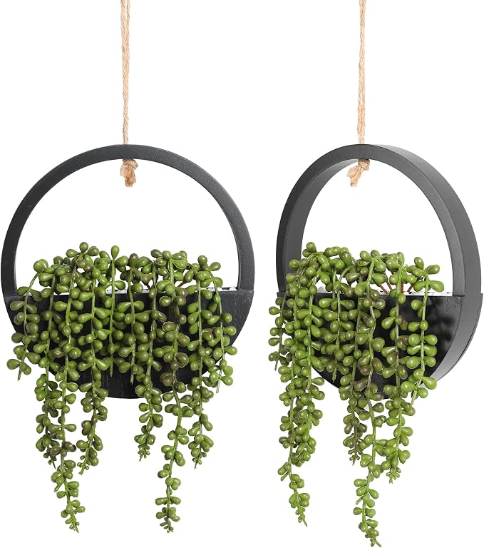 Floweroyal 2pcs Artificial Succulents Hanging Plants 20.1'' Fake String of Pearls in Pot with 9.4'' Lanyard for Indoor Outdoor Wall Decor (Black)