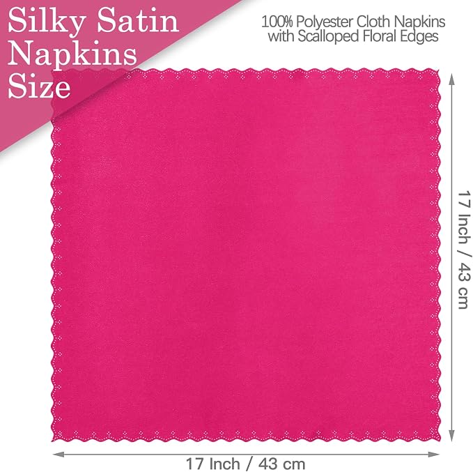 Homiest Hot Pink Satin Napkins - 100 Pack, 17x17 Inches, Scalloped Square Napkins for Weddings, Restaurants, Parties