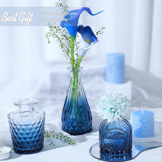 TBWIND Glass Bud Vase Set of 5, Small Blue Flower Vases for Centerpieces in Bulk, Mini Vintage Vase for Wedding Decor, Single Flowers, and Home Table Décor