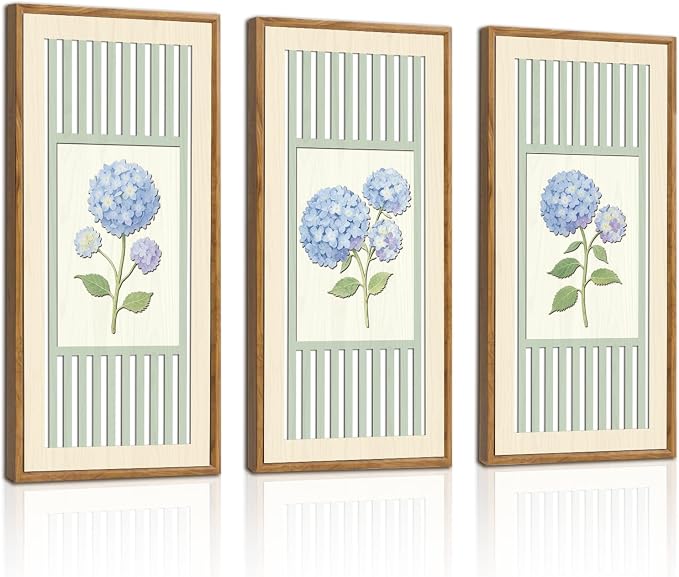 IARTTOP 3 Pcs Vintage Hydrangea Wall Art Framed Watercolor Blue Botanical Floral Wood Wall Decor Minimalist Farmhouse Art Prints for Living Room Bedroom Home Decor 8x16 Inch
