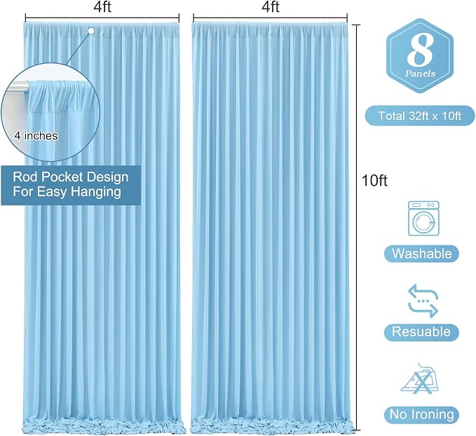 Blue Backdrop Curtains 8 Panels - Wrinkle-Free Light Blue Curtains Polyester Photography Drapes Photo Background for Baby Shower Birthday Party Decorations- 32 X10FT (Blue)