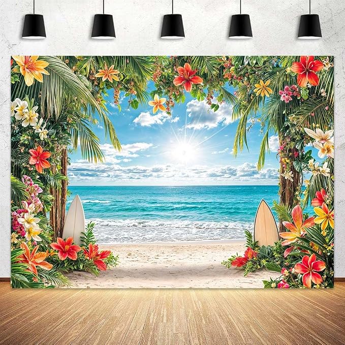6x4ft Summer Hawaiian Beach Backdrop Tropical Blue Sky Ocean Flower Palm Leaves Surfboard Photography Background for Luau Aloha Wedding Baby Birthday Party Decoration Banner Picture Photo Booth