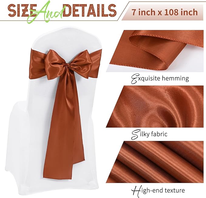 120 PCS Terracotta Satin Chair Sashes, Ties Bows Designed Chairs Decorative, Chair Cover Sashes for Thanksgiving Wedding Christmas Banquet Party Home Kitchen Decoration (7 x 108 inch)
