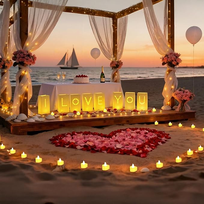 Valentines Day Decorations, Special Night Romantic Decorations - I Love You Light Up Letters Luminary Bags with Bright Flameless Tea Candles and Fake Rose Petals, Happy Anniversary