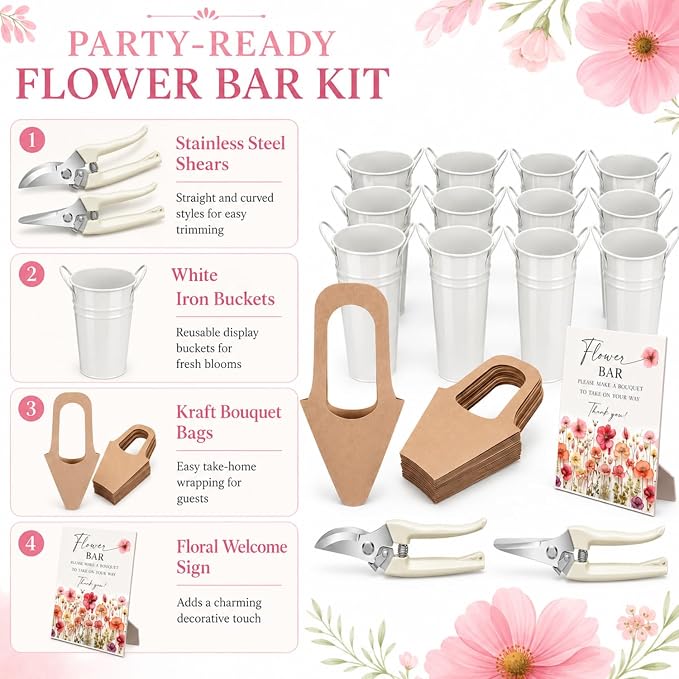 LEIFIDE Flower Bar Buckets Set Kit Bloom Bar Supplies Include Wood Sign Gift Bags Iron Bucket Garden Flower Shears for Wedding Bridal Shower Graduation Birthday Table Centerpieces(45 Pcs,Creamy White)
