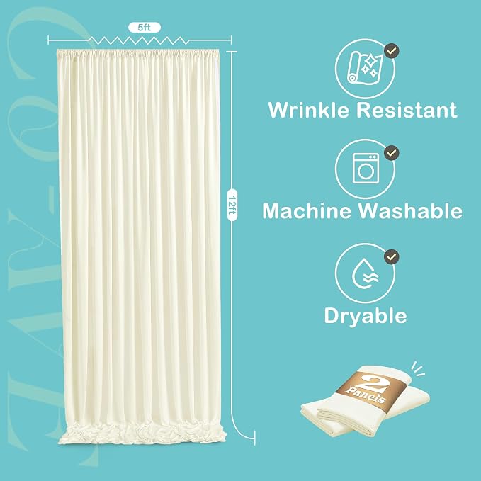 12ft x 10ft Ivory Backdrop Curtains for Parties, Wrinkle Free 2 Panels Photo Backdrop Drapes Back Drop Cloth for Wedding Birthday Photography Background Decor