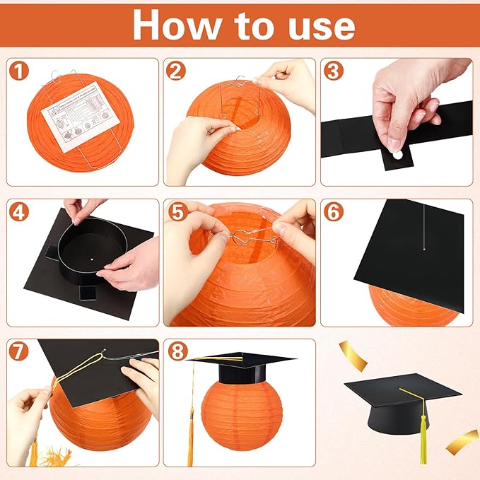 Gilprop 15 Pcs Black and Orange Graduation Decoration 2026 Paper Lanterns Graduation Party Decorations Hanging Round Paper Lanterns with Black Grad Hat Tassel for Congratulation Grad Decorations