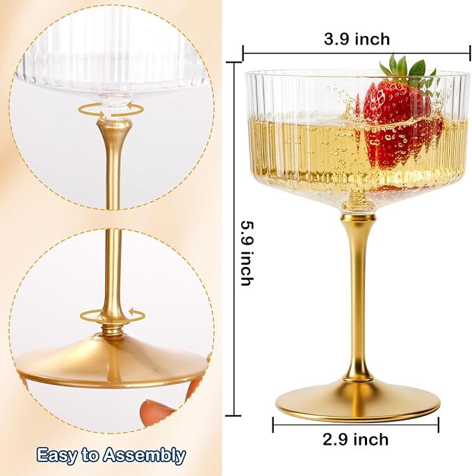 LIYH 20pcs Plastic Martini Glasses Disposable 10 Oz Clear and Gold Plastic Cups Coupe Glasses Cocktail Champagne Tower Perfect for Any Party, Bar, Beverage