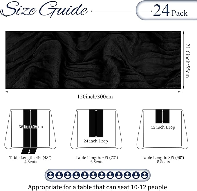 24 Pack Black Cheesecloth Table Runner 10FT Boho Gauze Cheese Cloth Table Runner Rustic Sheer Fabric Table Runners for Wedding Bridal Shower Baby Shower Party(21.5×120 Inch)