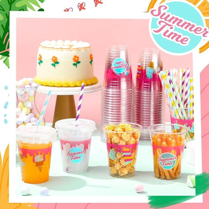 FoldTier 50 Pcs Ice Cream Birthday Party Plastic Cup 12 oz Cold Drinks Cups Boy or Girl Thick Clear Cup Birthday Party Supplies Disposable Cups with Lids for Iced Coffee, Smoothie, Milkshake