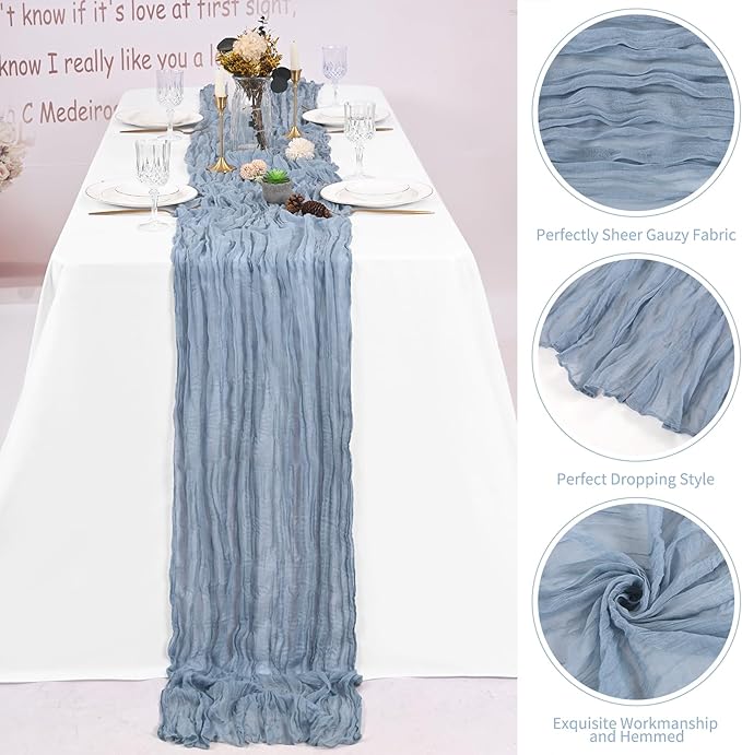 16 Pack Dusty Blue Cheesecloth Table Runner 120 Inch 10FT Spring Boho Rustic Sheer Gauze Cheese Cloth Table Runner for Wedding Baby Shower Birthday Party Table Decor