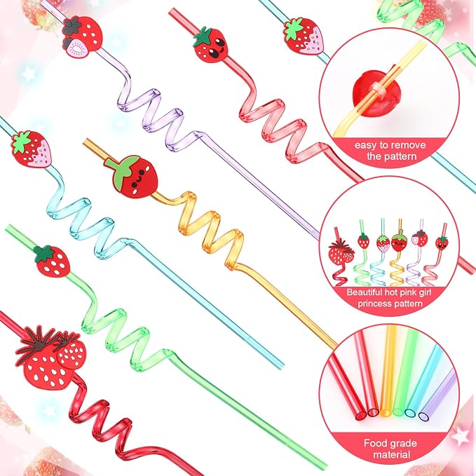 Maxcheck 24 Sets 16 oz Strawberry Party Favors Goodie Cups with Colorful Lids and Straws for Birthday Decorations Reusable Plastic Candy Cups Bulk Plastic Straws for Birthday Party Celebration Gifts