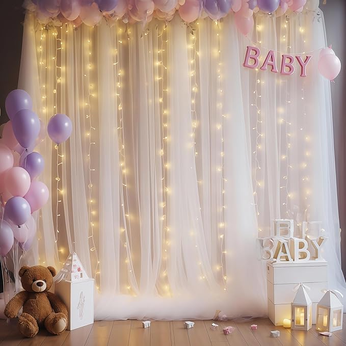 10x10ft White Tulle Backdrop Curtain with Lights String for Parites, Sheer Photo Backdrop Drapes with Lights for Wedding Ceremony Reception Baby Shower Bridal Shower Birthday Party Decorations