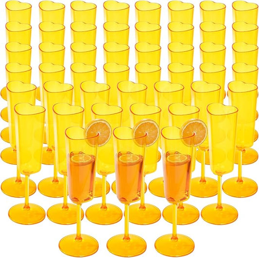 JLYLOL 48 PCS Heart Shaped Champagne Flutes, 5.5OZ Plastic Champagne Glasses, Unique Wedding Toasting Glasses, Elegant Stemmed Drinking Cups Plastic Goblets for Celebrations Anniversary Bride (Amber)