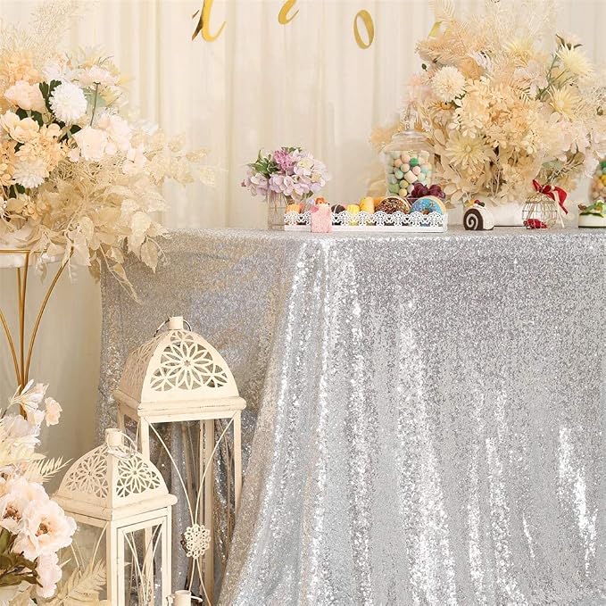 Eternal Beauty Silver Tablecloth, 60x120 Inch Sequin Rectangle Glitter Table Cover for Cake Dessert Exhibition Party Birthday Events