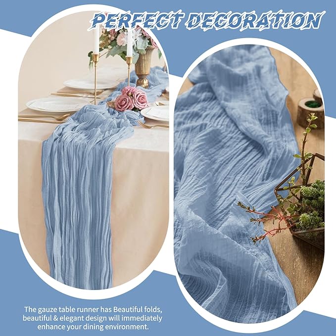 20 Pack Cheesecloth Table Runner - 17x108 Inch Dusty Blue Boho Gauze Cheese Cloth Table Runners for Baby Bridal Shower Decoration Wedding Party Summer Garden Farmhouse