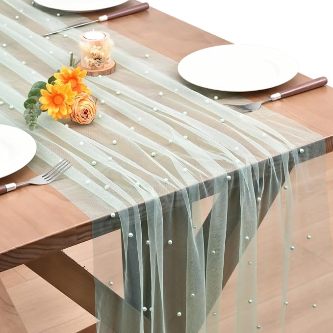 Sage Green Pearl Table Runner Boho Rustic Tulle Lace Dining Baby Shower Wedding Arch Decor Veil Dessert Holiday Centerpiece Table Decor 3pcs