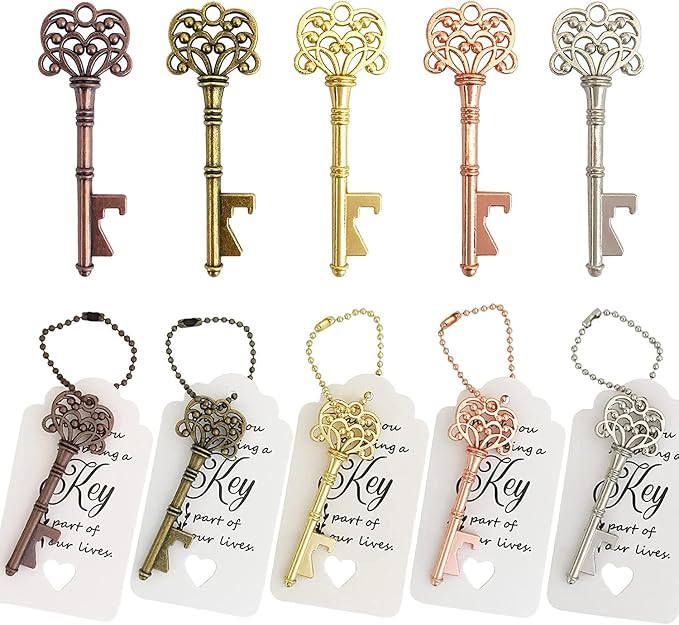 100 PCS Wedding Favors Key Bottle Openers,Bridal Shower Party Favors,Vintage Skeleton Key, Rustic Wedding Favors Decoration (5 colors mix and match)