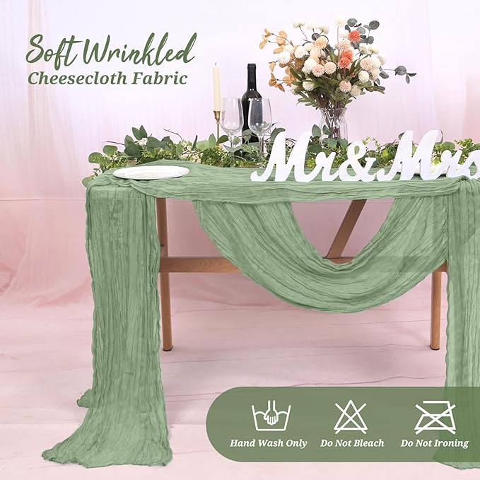 20 Pack Cheesecloth Table Runner Sage Green, Rustic Boho Gauze Fabric Table Runner Romantic Table Runner for Wedding, Festival, Birthday, Anniversary, Dinner and Outdoor Events (17.7 x 108 inch)