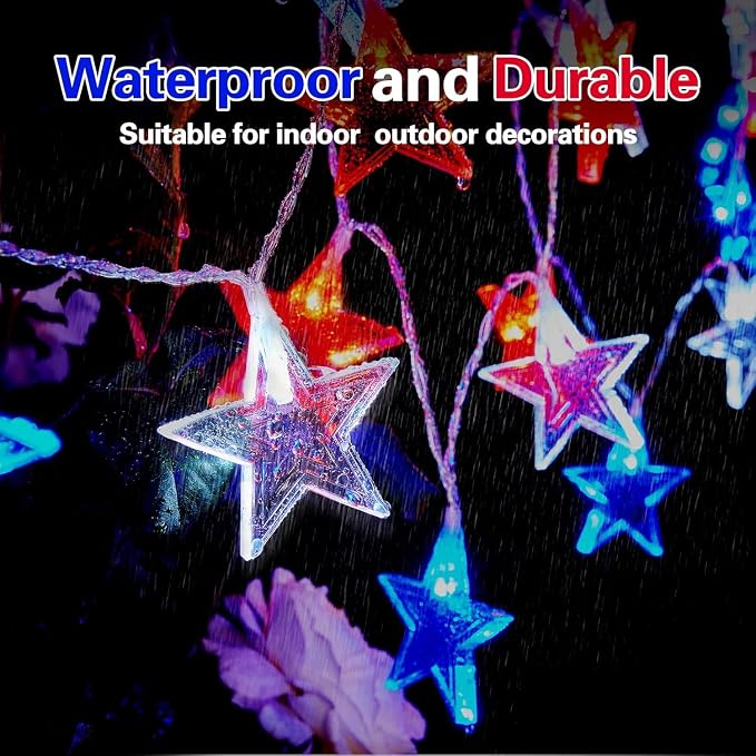 Dirnun 4th of July Decorations Red White and Blue Lights with 40 Led Big Stars, 4th of July Lights for Indoor Outdoor Home Garden Golf Cart Patriotic Theme Memorial Independence Day Decorations