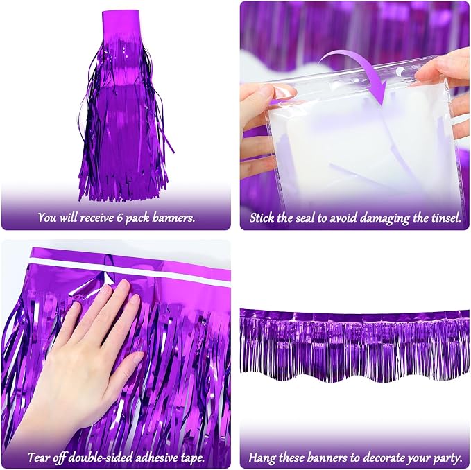 LOLStar Purple Foil Fringe Tinsel Garland, Tinsel Streamers Banner, 6 Pack | 60Ft Tinsel Streamers, Shiny Purple Wall Hanging Tinsel Fringe Banners for Graduation, Parade Float, Halloween Party Decor