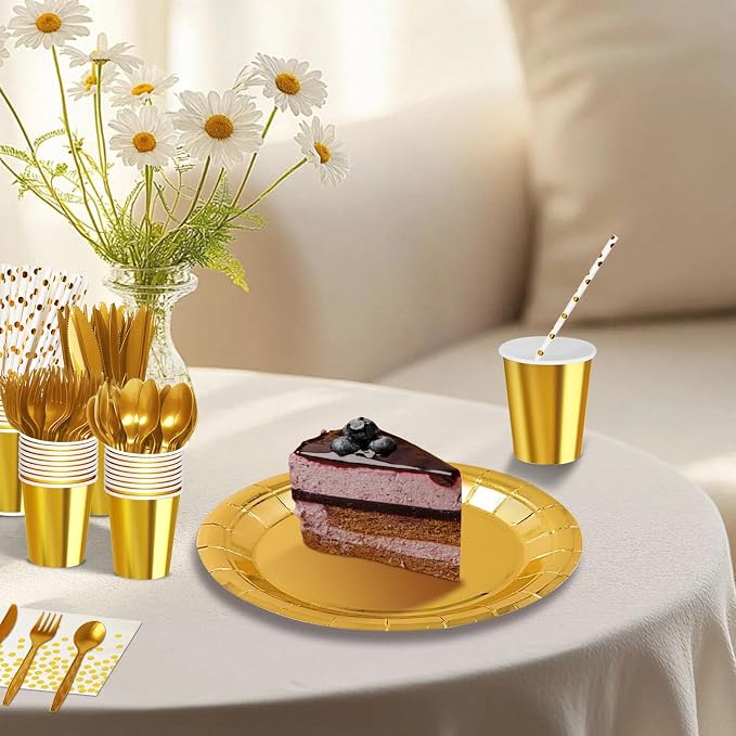 Nkaiso 193 Pcs Golden Paper Plates and Napkins Party Supplies Sets Include Gold Party Plate Cup Napkin Plastic Cutlery for Baby Shower, Wedding, Birthday Decoration -24 Guest