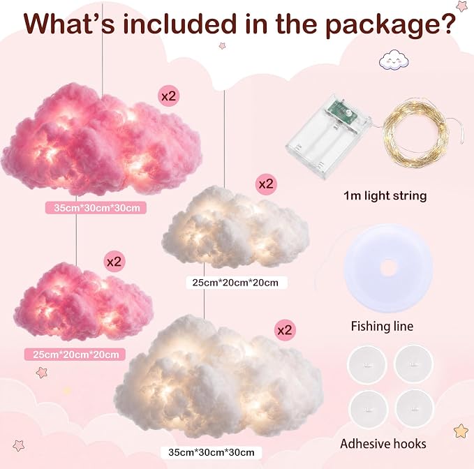 Lewtemi 8 Pcs Artificial Cloud Props with Lights 3D Fluffy Cotton Clouds Decorations 2 Sizes Hanging Clouds with Strings Hooks for Ceiling Room Wedding Party Classroom DIY Kit (White and Pink)