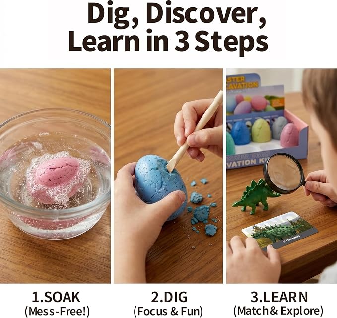 12 Pack Colorful Dinosaur Eggs Excavation Kit with Learning Cards - Dino Dig STEM Science Toy for Kids - Easter Basket Stuffers, Party Favors Birthday Gifts Classroom Activities for Boys Girls Age 3+