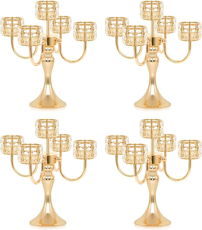 4 Pcs 5 Arm Metal Crystal Candelabra Centerpiece - 13.4 Inch Elegant Candle Holder with Crystal Beads for Wedding Party Christmas Home Dining Table Decoration (Style-B-Gold)