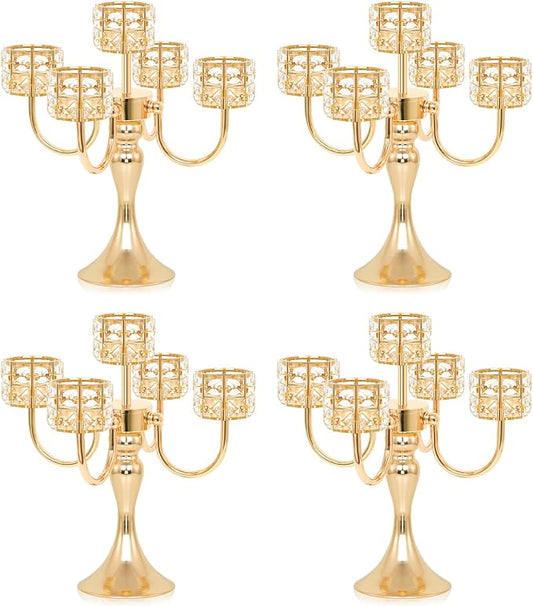 4 Pcs 5 Arm Metal Crystal Candelabra Centerpiece - 13.4 Inch Elegant Candle Holder with Crystal Beads for Wedding Party Christmas Home Dining Table Decoration (Style-B-Gold)