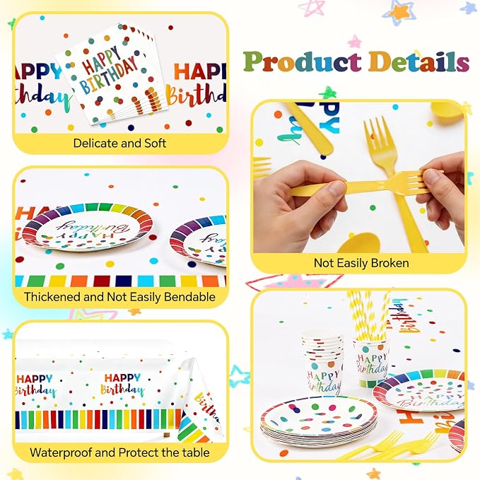 163pcs Colorful Happy Birthday Party Supplies Decorations Set-Rainbow Dot Design Disposable Tableware Kit with Plates,Napkins,Cups,Straw,Balloons,Party Blower,Tablecloth for Kids Boys Girls
