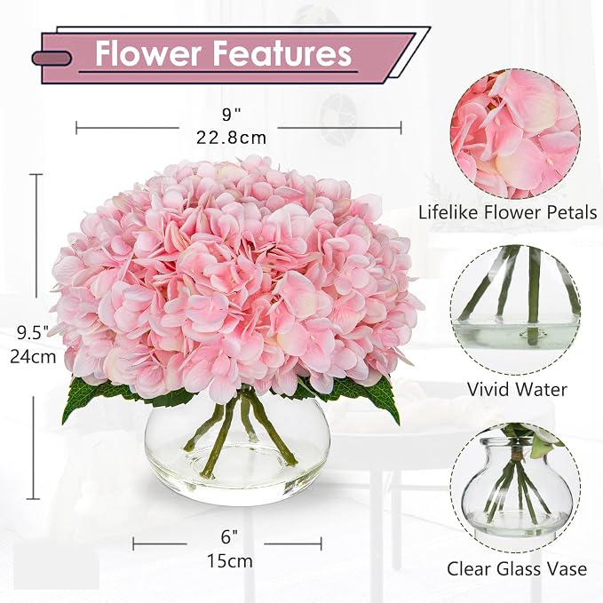 Hollyone Pink Hydrangea Artificial Flowers with Glass Vase Silk Faux Flowers Arrangements with Clear Faux Water Fake Floral Bulk Bouquet for Home Decor Table Centerpiece Decorations