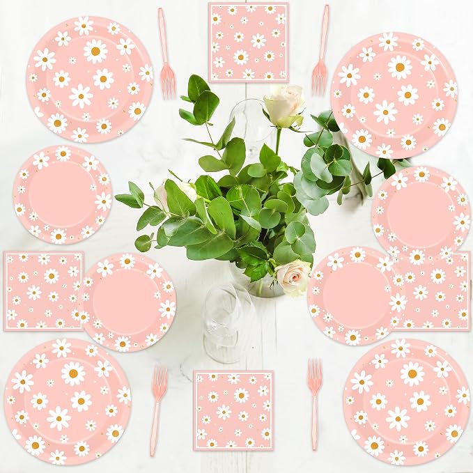 50 Guests Daisy Plates and Napkins Party Supplies Groovy Floral Party Decorations Disposable Tableware Set Pink One Two Groovy Birthday Dinnerware Favor for Summer Girls Wedding Baby Shower, 200PCS