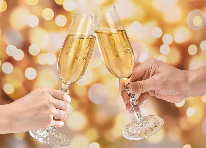 50th Anniversary Decorations Gifts for Couple, Classical Style 50th Wedding Anniversary Champagne Flutes Glasses, Crystal Champagne Glasses Set of 2, Gifts for Parents