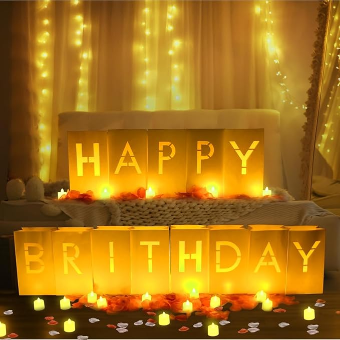 Happy Birthday Decorations for Women Men Girls Light Up Sign Luminary Bags Letters with 2000PC Rose Petals and Candles kit, Birthday Banner for Room Party Hotel Outdoor Decorations, Surprise Gifts Banner