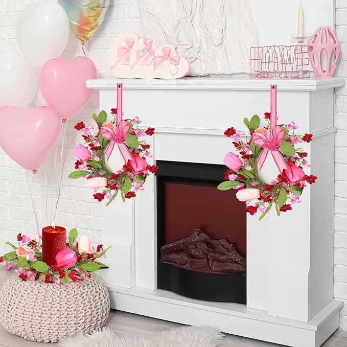 6 PCS 9" Mini Valentine's Day Wreath for Front Door Valentine Kitchen Cabinet Wreath Artificial Tulip Small Wreath with Forsythia Flowers Lavender Green Leaf Ribbon for Wedding Window Home Wall Decor