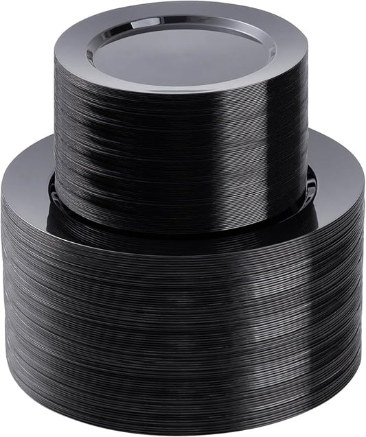 BESTSTAR 200PCS Black Plastic Plates Set, 100 10.25 inch Dinner Plates and 100 7.5 inch Dessert Plates, Premium Disposable Plates for Party, Wedding