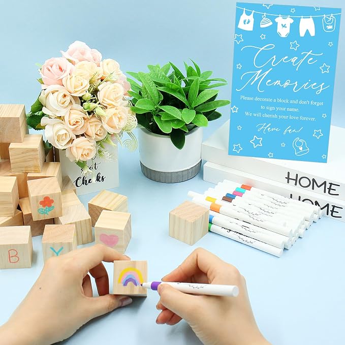 97 Pcs Blue Baby Shower Games Sign Kit,Including Decorate a Block Game Sign 72 DIY Blank Wooden Block 24 Painting Pen to Draw Your Idea for Baby Shower Game Gender Reveal Party