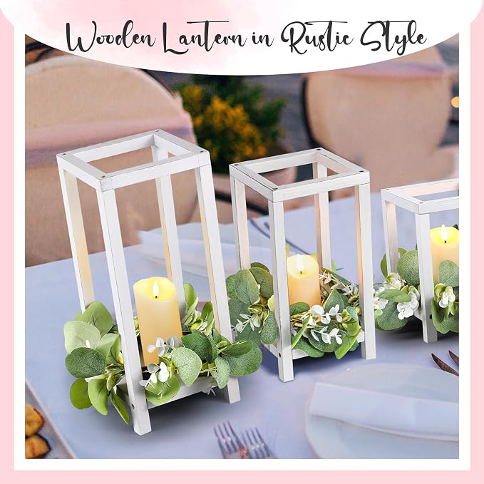 Sliner 24 Pcs Wedding Lantern Centerpiece Set Include 12 Rustic Wooden Candle Lantern 12 Flameless LED Candle for Wedding Party Baby Shower Table Fireplace Farmhouse Home Decoration (White)