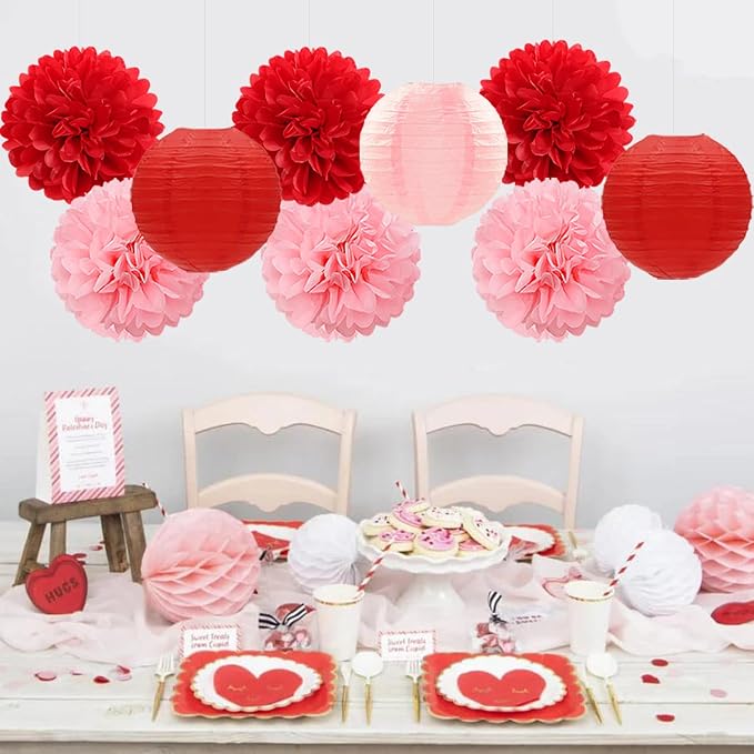 Red Pink Valentines Day Paper Flowers Hearts Honeycomb Lanterns Tissue Pom Poms 15pcs Galentines Party Decorations Anniversary Love Birthday Wedding Baby Shower Hanging Supplies Mprocherify